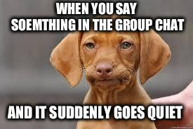 Disappointed Dog | WHEN YOU SAY SOEMTHING IN THE GROUP CHAT; AND IT SUDDENLY GOES QUIET | image tagged in disappointed dog | made w/ Imgflip meme maker