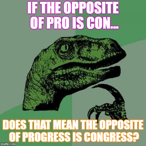 Philosoraptor Meme | IF THE OPPOSITE OF PRO IS CON... DOES THAT MEAN THE OPPOSITE OF PROGRESS IS CONGRESS? | image tagged in memes,philosoraptor | made w/ Imgflip meme maker