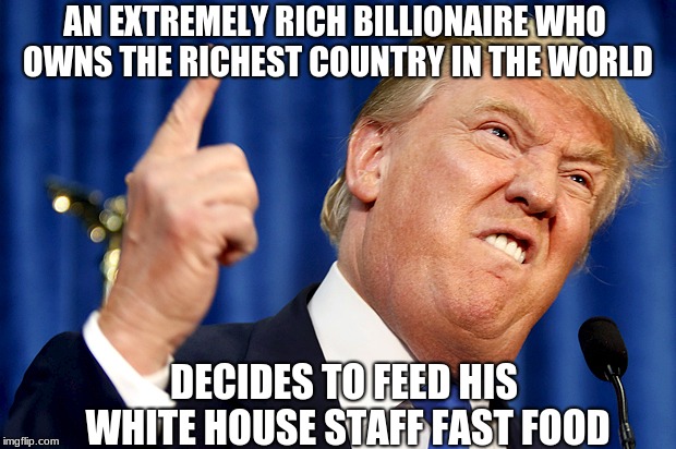 Donald Trump | AN EXTREMELY RICH BILLIONAIRE
WHO OWNS THE RICHEST COUNTRY IN THE WORLD; DECIDES TO FEED HIS WHITE HOUSE STAFF FAST FOOD | image tagged in donald trump | made w/ Imgflip meme maker