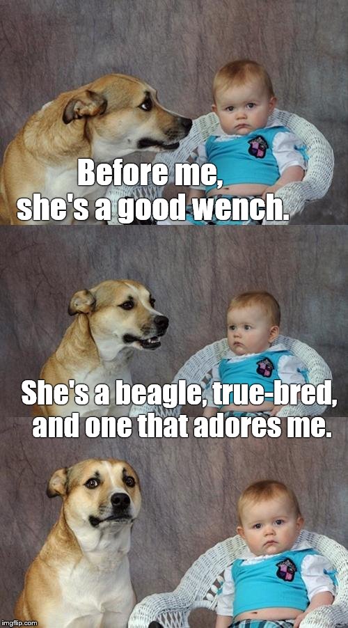 I was adored once too. | Before me, she's a good wench. She's a beagle, true-bred, and one that adores me. | image tagged in dad joke dog,sir andrew aguecheek,sir toby belch,twelfth night or what you will,shakespeare,douglie | made w/ Imgflip meme maker