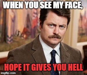 Ron Swanson | WHEN YOU SEE MY FACE, HOPE IT GIVES YOU HELL | image tagged in memes,ron swanson | made w/ Imgflip meme maker