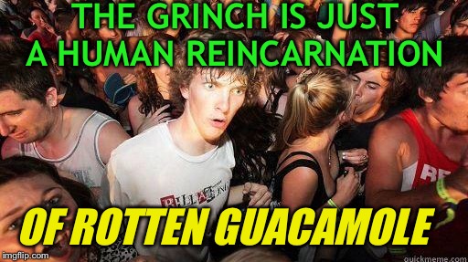 You will never think of the Grinch the same ever again... | THE GRINCH IS JUST A HUMAN REINCARNATION; OF ROTTEN GUACAMOLE | image tagged in sudden realization,funny memes,memes,fun,the grinch,christmas | made w/ Imgflip meme maker