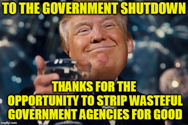 Trump Toast | TO THE GOVERNMENT SHUTDOWN; THANKS FOR THE OPPORTUNITY TO STRIP WASTEFUL GOVERNMENT AGENCIES FOR GOOD | image tagged in trump toast | made w/ Imgflip meme maker