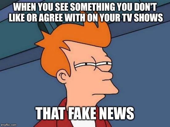I will be doing this for the rest of my life | WHEN YOU SEE SOMETHING YOU DON'T LIKE OR AGREE WITH ON YOUR TV SHOWS; THAT FAKE NEWS | image tagged in memes,futurama fry | made w/ Imgflip meme maker