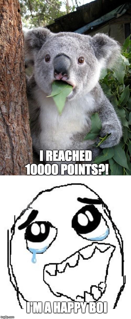THANKS FOR 10000!!!
 | I REACHED 10000 POINTS?! I'M A HAPPY BOI | image tagged in memes,surprised koala,happy guy rage face,10000 points,imgflip | made w/ Imgflip meme maker