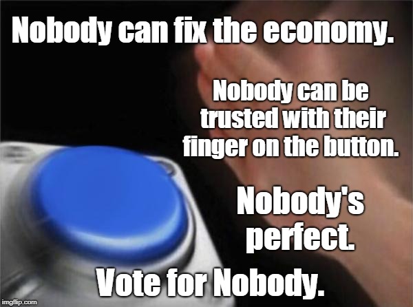 Blank Nut Button | Nobody can fix the economy. Nobody can be trusted with their finger on the button. Nobody's perfect. Vote for Nobody. | image tagged in memes,blank nut button | made w/ Imgflip meme maker