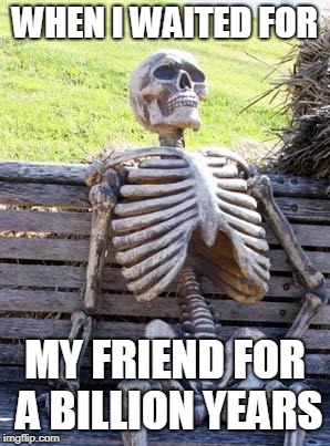 Waiting Skeleton | WHEN I WAITED FOR; MY FRIEND FOR A BILLION YEARS | image tagged in memes,waiting skeleton | made w/ Imgflip meme maker