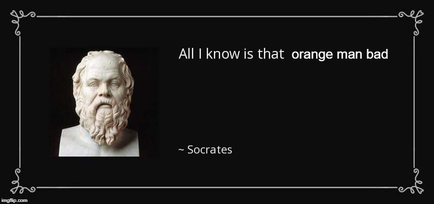 If Socrates was a Democrat | orange man bad | image tagged in socrates,trump,donald trump,democrats | made w/ Imgflip meme maker
