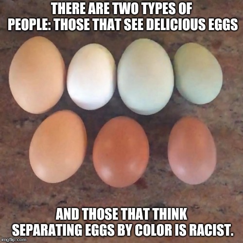 The incredible edible egg | THERE ARE TWO TYPES OF PEOPLE: THOSE THAT SEE DELICIOUS EGGS; AND THOSE THAT THINK SEPARATING EGGS BY COLOR IS RACIST. | image tagged in eggs,the incredible edible egg,racist eggs | made w/ Imgflip meme maker