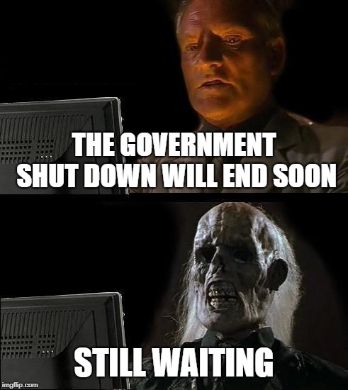 Millions Suffer Due to Trump Shutdown | THE GOVERNMENT SHUT DOWN WILL END SOON; STILL WAITING | image tagged in ill just wait here,government shutdown,impeach trump,dump trump | made w/ Imgflip meme maker