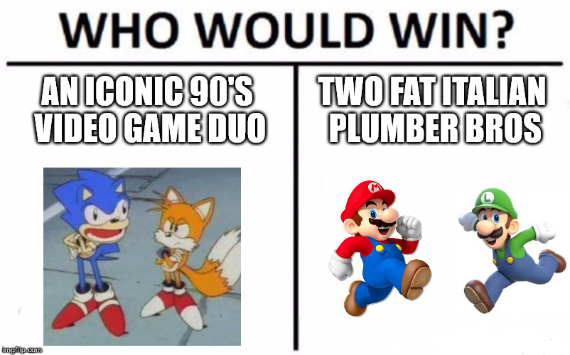 Who Would Win? | AN ICONIC 90'S VIDEO GAME DUO; TWO FAT ITALIAN PLUMBER BROS | image tagged in memes,who would win | made w/ Imgflip meme maker