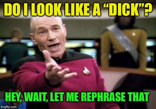 Picard Wtf Meme | DO I LOOK LIKE A “DICK”? HEY, WAIT, LET ME REPHRASE THAT | image tagged in memes,picard wtf | made w/ Imgflip meme maker