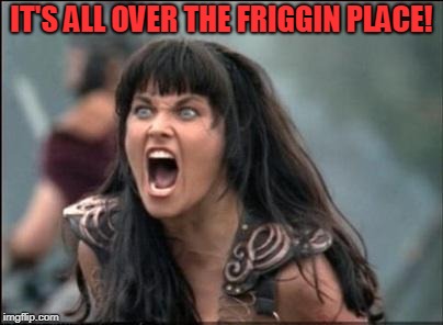 Angry Xena | IT'S ALL OVER THE FRIGGIN PLACE! | image tagged in angry xena | made w/ Imgflip meme maker