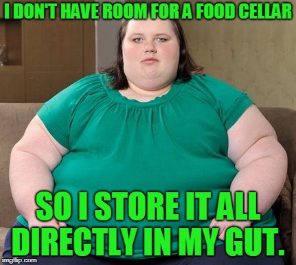 Obese woman | I DON'T HAVE ROOM FOR A FOOD CELLAR SO I STORE IT ALL DIRECTLY IN MY GUT. | image tagged in obese woman | made w/ Imgflip meme maker