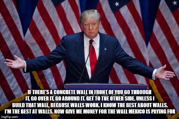 Donald Trump | IF THERE'S A CONCRETE WALL IN FRONT OF YOU GO THROUGH IT, GO OVER IT, GO AROUND IT. GET TO THE OTHER SIDE. UNLESS I BUILD THAT WALL, BECAUSE WALLS WORK. I KNOW THE BEST ABOUT WALLS. I'M THE BEST AT WALLS. NOW GIVE ME MONEY FOR THE WALL MEXICO IS PAYING FOR | image tagged in donald trump | made w/ Imgflip meme maker