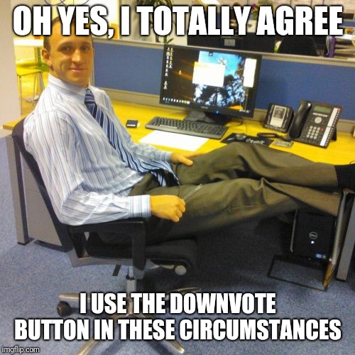 Relaxed Office Guy Meme | OH YES, I TOTALLY AGREE I USE THE DOWNVOTE BUTTON IN THESE CIRCUMSTANCES | image tagged in memes,relaxed office guy | made w/ Imgflip meme maker