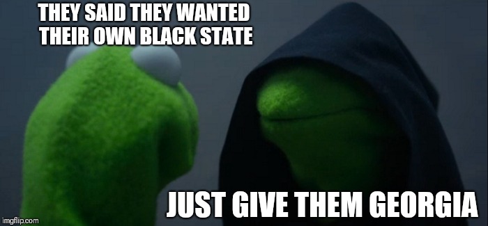 Evil Kermit | THEY SAID THEY WANTED THEIR OWN BLACK STATE; JUST GIVE THEM GEORGIA | image tagged in memes,evil kermit | made w/ Imgflip meme maker