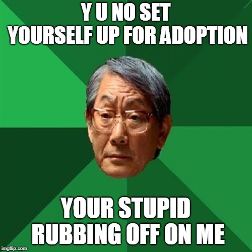 High Expectations Asian Father Meme | Y U NO SET YOURSELF UP FOR ADOPTION YOUR STUPID RUBBING OFF ON ME | image tagged in memes,high expectations asian father | made w/ Imgflip meme maker