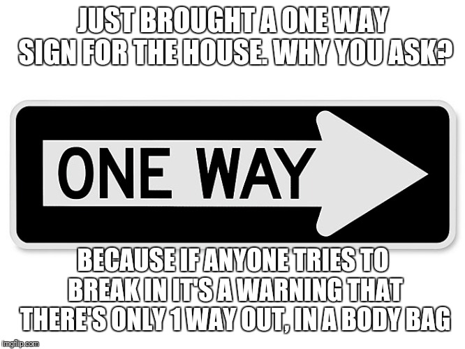 Hopefully they'll reconsider  | JUST BROUGHT A ONE WAY SIGN FOR THE HOUSE. WHY YOU ASK? BECAUSE IF ANYONE TRIES TO BREAK IN IT'S A WARNING THAT THERE'S ONLY 1 WAY OUT, IN A BODY BAG | image tagged in funny | made w/ Imgflip meme maker