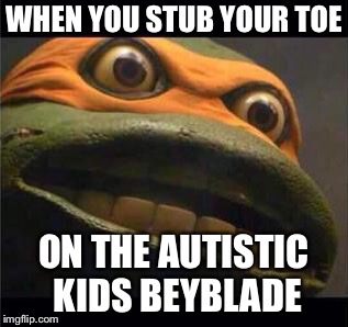 teen age mutant ninja turtle | WHEN YOU STUB YOUR TOE; ON THE AUTISTIC KIDS BEYBLADE | image tagged in teen age mutant ninja turtle | made w/ Imgflip meme maker