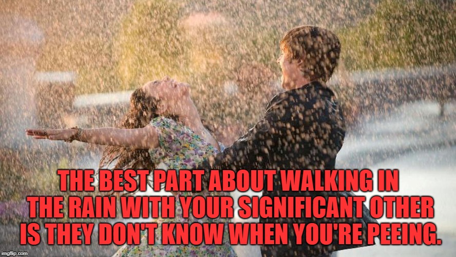 THE BEST PART ABOUT WALKING IN THE RAIN WITH YOUR SIGNIFICANT OTHER IS THEY DON'T KNOW WHEN YOU'RE PEEING. | image tagged in walking in the rain,funny,memes,love,couples,funny memes | made w/ Imgflip meme maker