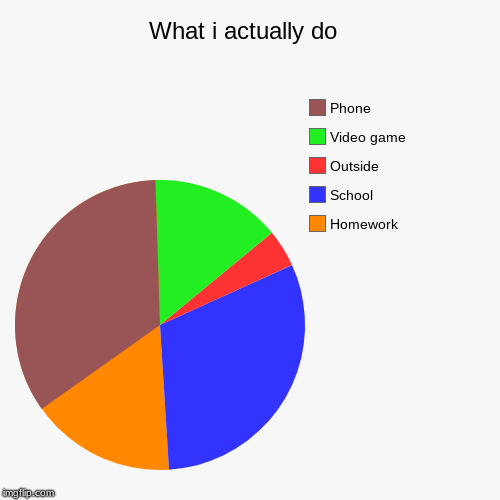 What i actually do  | Homework, School, Outside, Video game, Phone | image tagged in funny,pie charts | made w/ Imgflip chart maker