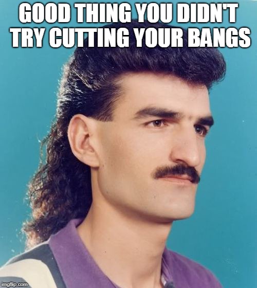 mullet  | GOOD THING YOU DIDN'T TRY CUTTING YOUR BANGS | image tagged in mullet | made w/ Imgflip meme maker
