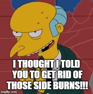 Mr. Burns Excellent | I THOUGHT I TOLD YOU TO GET RID OF THOSE SIDE BURNS!!! | image tagged in mr burns excellent | made w/ Imgflip meme maker