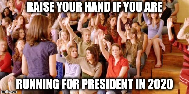 Another day , another candidate | RAISE YOUR HAND IF YOU ARE; RUNNING FOR PRESIDENT IN 2020 | image tagged in raise your hand if you have ever been personally victimized by r,everybody is kung fu fighting,presidential race,2020 | made w/ Imgflip meme maker
