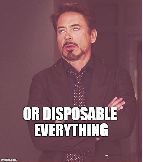 Face You Make Robert Downey Jr Meme | OR DISPOSABLE EVERYTHING | image tagged in memes,face you make robert downey jr | made w/ Imgflip meme maker