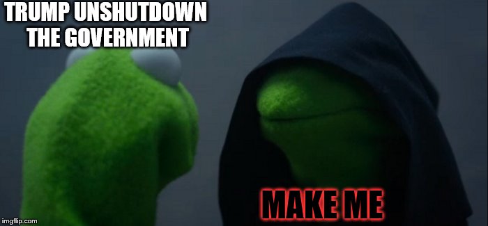 Evil Kermit | TRUMP UNSHUTDOWN THE GOVERNMENT; MAKE ME | image tagged in memes,evil kermit | made w/ Imgflip meme maker