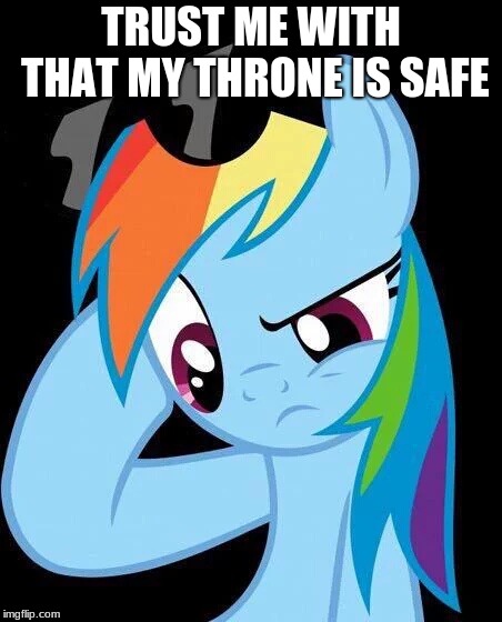 Confused Rainbow Dash | TRUST ME WITH THAT MY THRONE IS SAFE | image tagged in confused rainbow dash | made w/ Imgflip meme maker