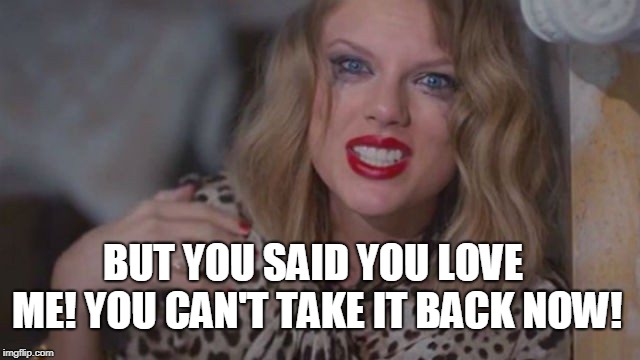 Taylor Swift Crazy | BUT YOU SAID YOU LOVE ME! YOU CAN'T TAKE IT BACK NOW! | image tagged in taylor swift crazy | made w/ Imgflip meme maker