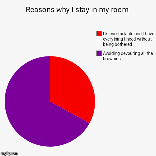 Reasons why I stay in my room | Avoiding devouring all the brownies , It's comfortable and I have everything I need without being bothered | image tagged in funny,pie charts | made w/ Imgflip chart maker