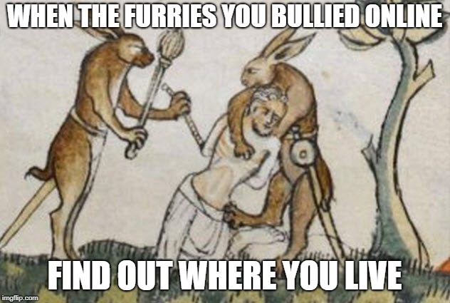Beware... | WHEN THE FURRIES YOU BULLIED ONLINE; FIND OUT WHERE YOU LIVE | image tagged in medieval memes,funny,memes,secret tag,furries | made w/ Imgflip meme maker
