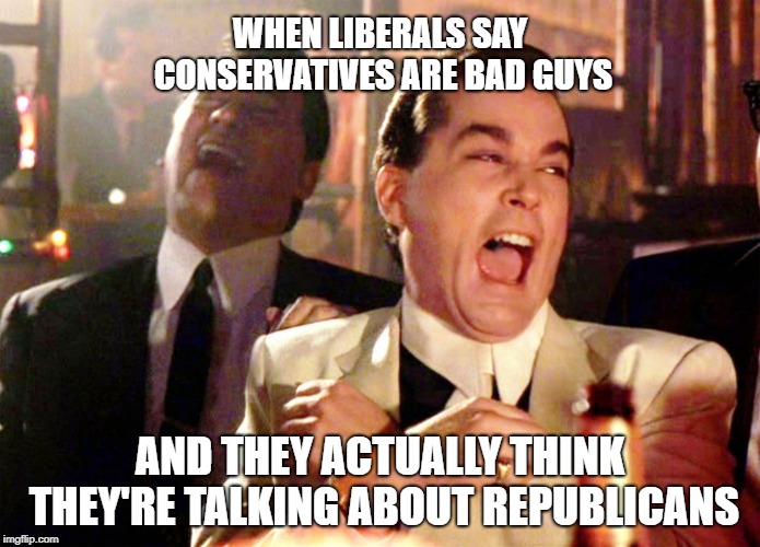 Good Fellas Hilarious | WHEN LIBERALS SAY CONSERVATIVES ARE BAD GUYS; AND THEY ACTUALLY THINK THEY'RE TALKING ABOUT REPUBLICANS | image tagged in memes,good fellas hilarious | made w/ Imgflip meme maker