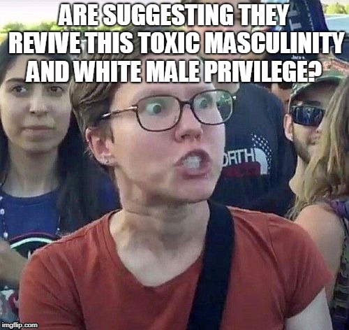 foggy | ARE SUGGESTING THEY REVIVE THIS TOXIC MASCULINITY AND WHITE MALE PRIVILEGE? | image tagged in triggered feminist | made w/ Imgflip meme maker