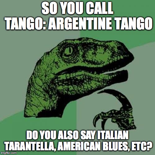 Philosoraptor | SO YOU CALL TANGO: ARGENTINE TANGO; DO YOU ALSO SAY ITALIAN TARANTELLA, AMERICAN BLUES, ETC? | image tagged in memes,philosoraptor | made w/ Imgflip meme maker