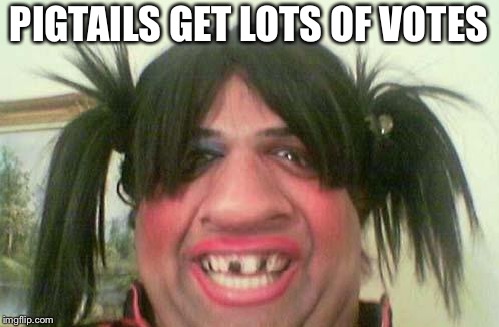 ugly woman with pigtails | PIGTAILS GET LOTS OF VOTES | image tagged in ugly woman with pigtails | made w/ Imgflip meme maker