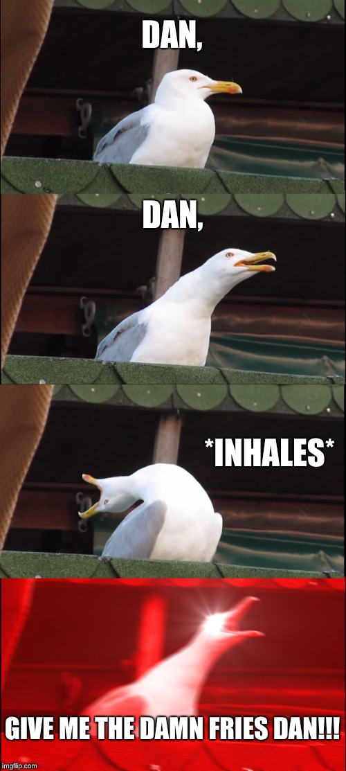 Inhaling Seagull | DAN, DAN, *INHALES*; GIVE ME THE DAMN FRIES DAN!!! | image tagged in memes,inhaling seagull | made w/ Imgflip meme maker