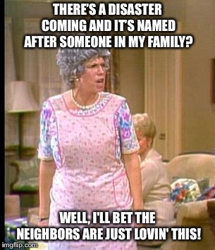 Winter Storm Harper | THERE’S A DISASTER COMING AND IT’S NAMED AFTER SOMEONE IN MY FAMILY? WELL, I'LL BET THE NEIGHBORS ARE JUST LOVIN' THIS! | image tagged in thelma harper,winter storm harper,winter 2019,memes,harper | made w/ Imgflip meme maker