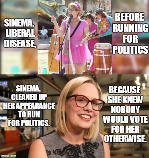 The fact she did this tells you, she recognizes she has a disease and needs to cover it up. | BEFORE RUNNING FOR POLITICS; SINEMA, LIBERAL DISEASE, SINEMA, CLEANED UP HER APPEARANCE TO RUN FOR POLITICS. BECAUSE SHE KNEW NOBODY WOULD VOTE FOR HER OTHERWISE. | image tagged in liberalism,disease | made w/ Imgflip meme maker
