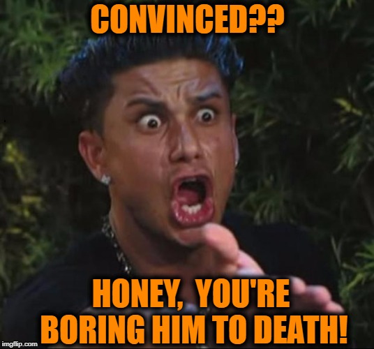for crying out loud | CONVINCED?? HONEY,  YOU'RE BORING HIM TO DEATH! | image tagged in for crying out loud | made w/ Imgflip meme maker