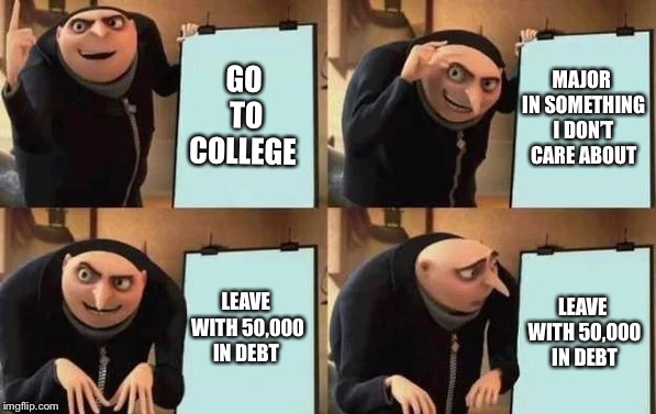 Gru’s amazing plan | GO TO COLLEGE; MAJOR IN SOMETHING I DON’T CARE ABOUT; LEAVE WITH 50,000 IN DEBT; LEAVE WITH 50,000 IN DEBT | image tagged in gru's plan,college,fail,debt | made w/ Imgflip meme maker
