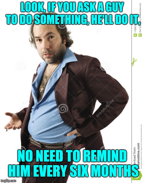LOOK, IF YOU ASK A GUY TO DO SOMETHING, HE'LL DO IT, NO NEED TO REMIND HIM EVERY SIX MONTHS | made w/ Imgflip meme maker