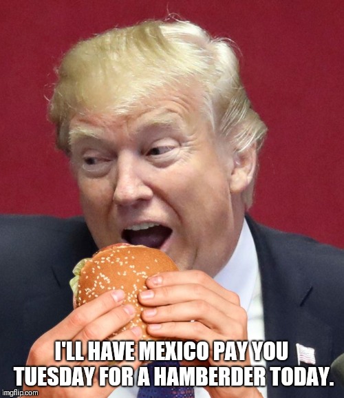 I'LL HAVE MEXICO PAY YOU TUESDAY FOR A HAMBERDER TODAY. | image tagged in memes,donald trump | made w/ Imgflip meme maker