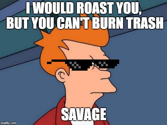 Futurama Fry | I WOULD ROAST YOU, BUT YOU CAN'T BURN TRASH; SAVAGE | image tagged in memes,futurama fry | made w/ Imgflip meme maker