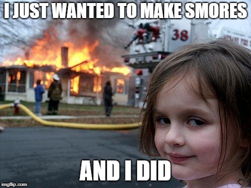 Disaster Girl | I JUST WANTED TO MAKE SMORES; AND I DID | image tagged in memes,disaster girl | made w/ Imgflip meme maker