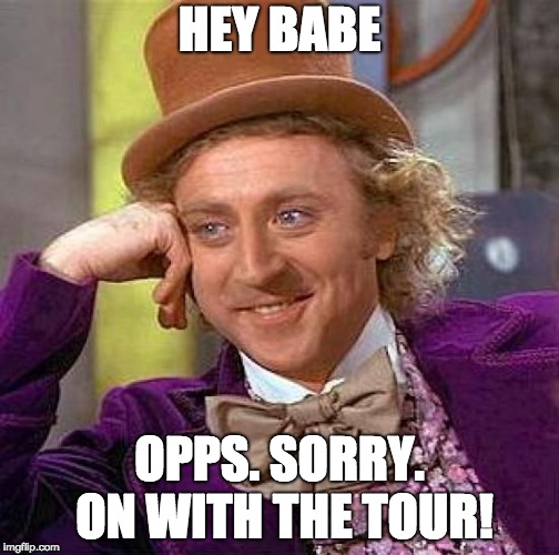 Creepy Condescending Wonka | HEY BABE; OPPS. SORRY. ON WITH THE TOUR! | image tagged in memes,creepy condescending wonka | made w/ Imgflip meme maker
