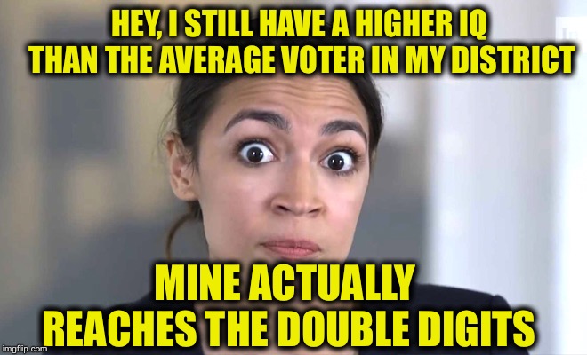 HEY, I STILL HAVE A HIGHER IQ THAN THE AVERAGE VOTER IN MY DISTRICT; MINE ACTUALLY REACHES THE DOUBLE DIGITS | image tagged in alexandria ocasio-cortez,democrats,voters,libtards | made w/ Imgflip meme maker
